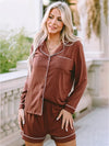 Lapel Collar Long Sleeve Buttoned Top and Shorts Lounge Set Loungewear Sets - Tophatter Daily Deals