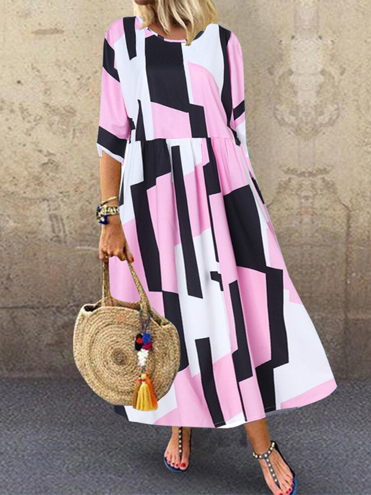 Geometric Print Loose Maxi Dress Pink Maxi Dresses - Tophatter Daily Deals