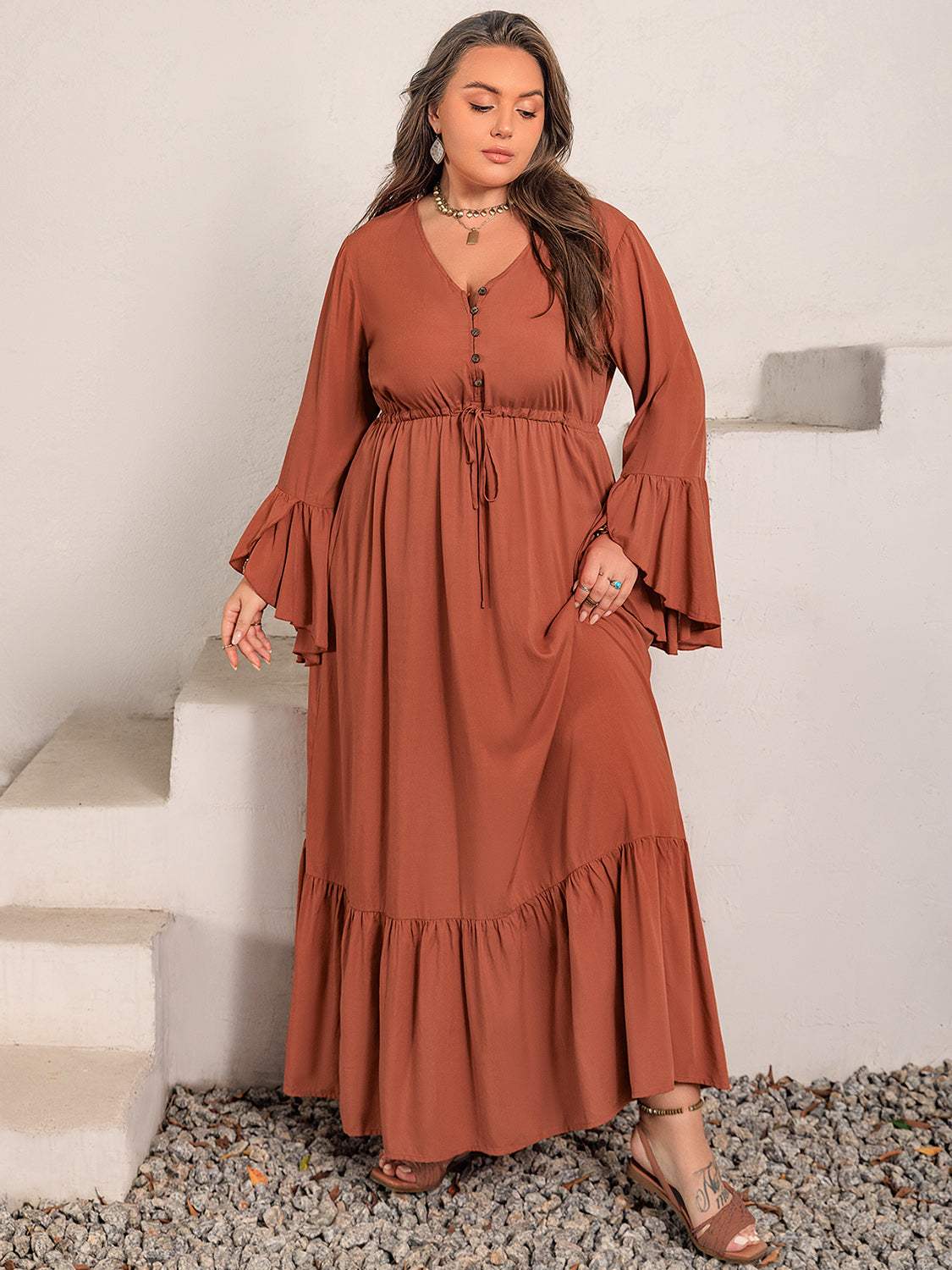 Plus Size V-Neck Flare Sleeve Maxi Dress Casual Dresses - Tophatter Daily Deals