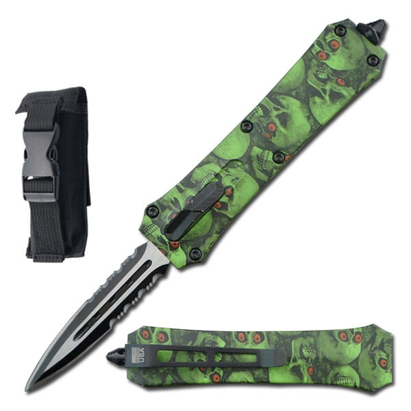 7" Dual Action Dagger Blade Reaper OTF Automatic Knife Green Skulls - TOPHATTER'S ARMORY DEALS Collectible Weapons - Tophatter Daily Deals