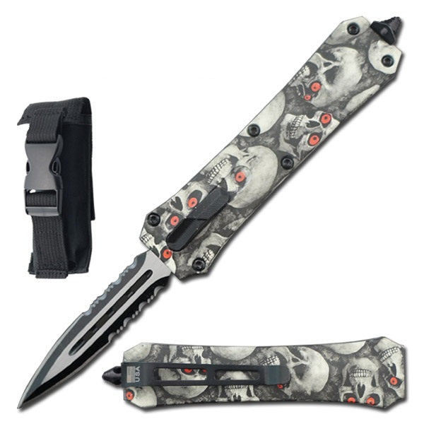 7" Dual Action Dagger Blade Reaper OTF Automatic Knife Grey Skulls - TOPHATTER'S ARMORY DEALS Collectible Weapons - Tophatter Daily Deals