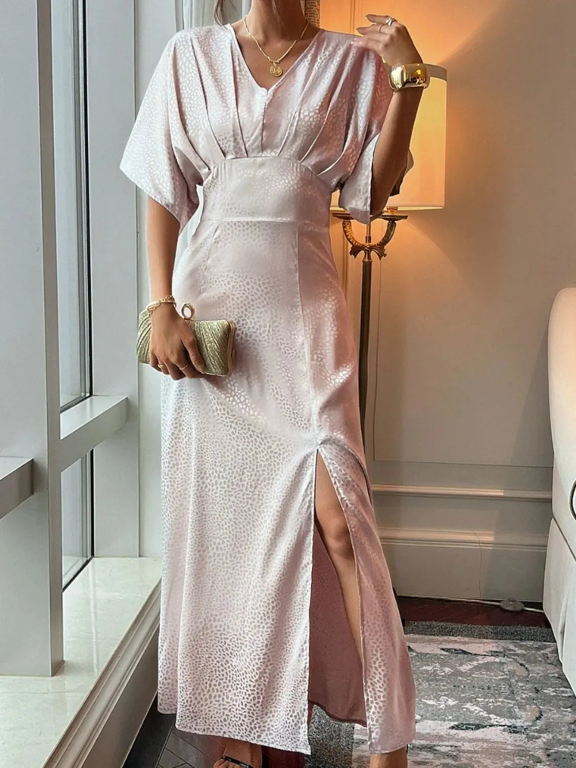 Slit Animal Print V-Neck Half Sleeve Dress Casual Dresses - Tophatter Daily Deals