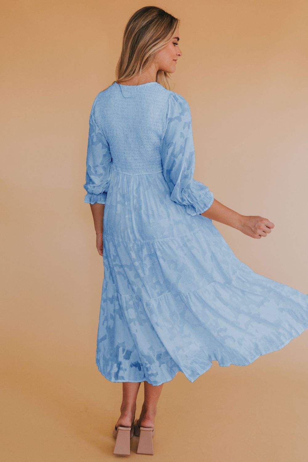 Smocked V-Neck Flounce Sleeve Dress Casual Dresses - Tophatter Daily Deals