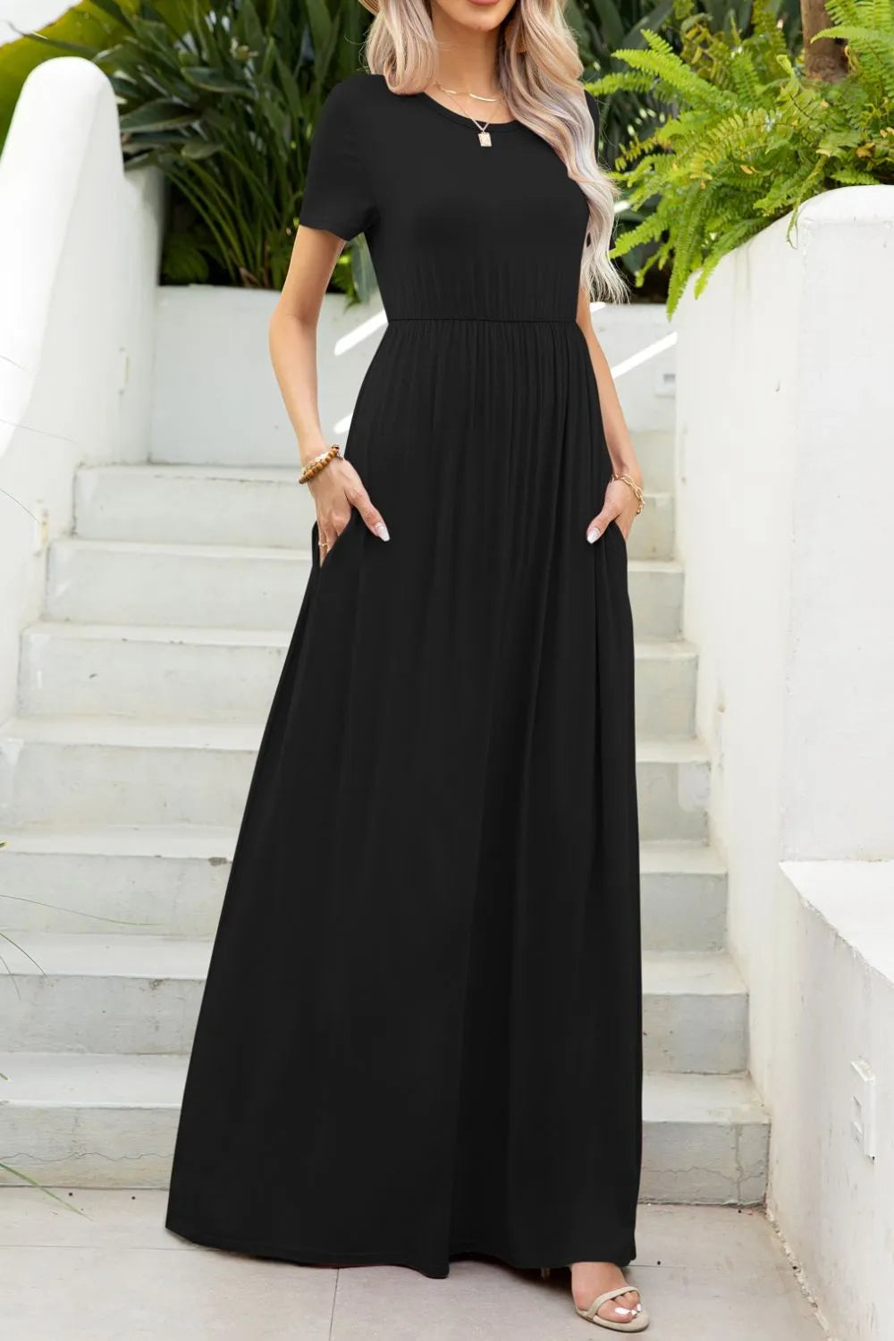 Round Neck Maxi Tee Dress with Pockets Casual Dresses - Tophatter Daily Deals