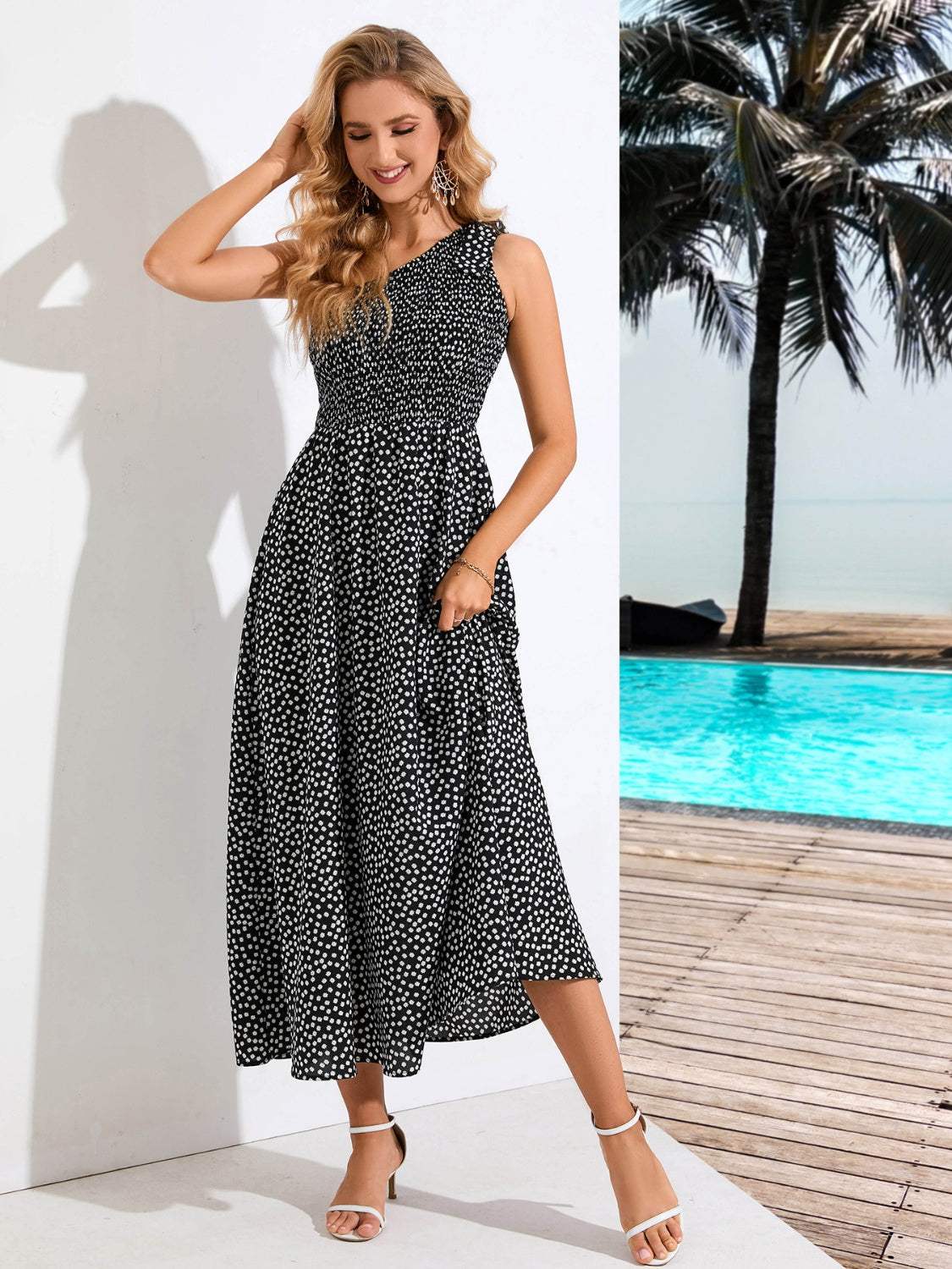 Printed Single Shoulder Midi Dress Black Casual Dresses - Tophatter Daily Deals