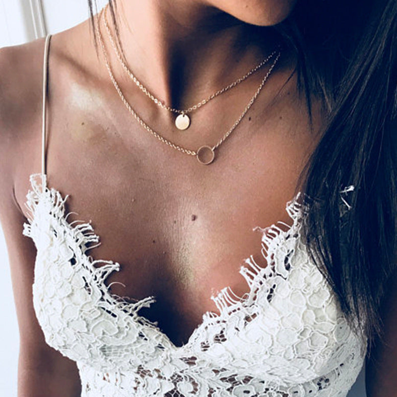 New Summer Multi Layer Sequined Choker Necklace For Women Gold Color Double Layer Round Pendant Necklace Fashion Jewelry - Tophatter Deals