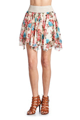 Women's Printed Floral Skirt with Elastic Lace Waistband Blue Pink Skirts - Tophatter Daily Deals