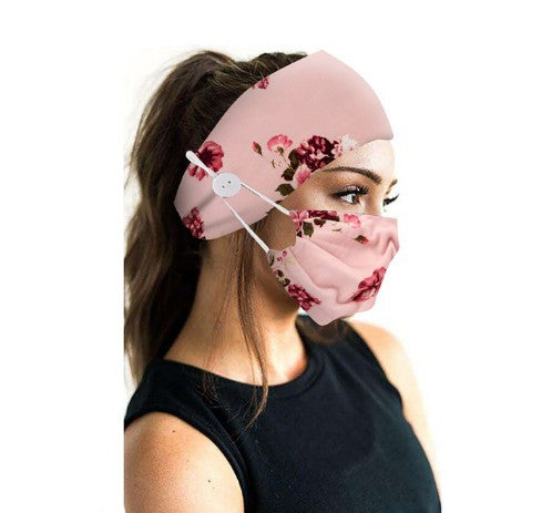 Button headband mask headscarf hair accessory 2-piece set Set Pink flower 0 - Tophatter Daily Deals