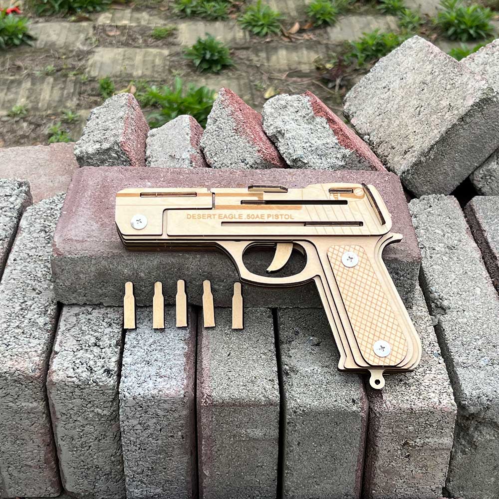 Assembled Wooden Rubber Band Gun Pistol Model Kit With Wooden bullets - Tophatter Daily Deals