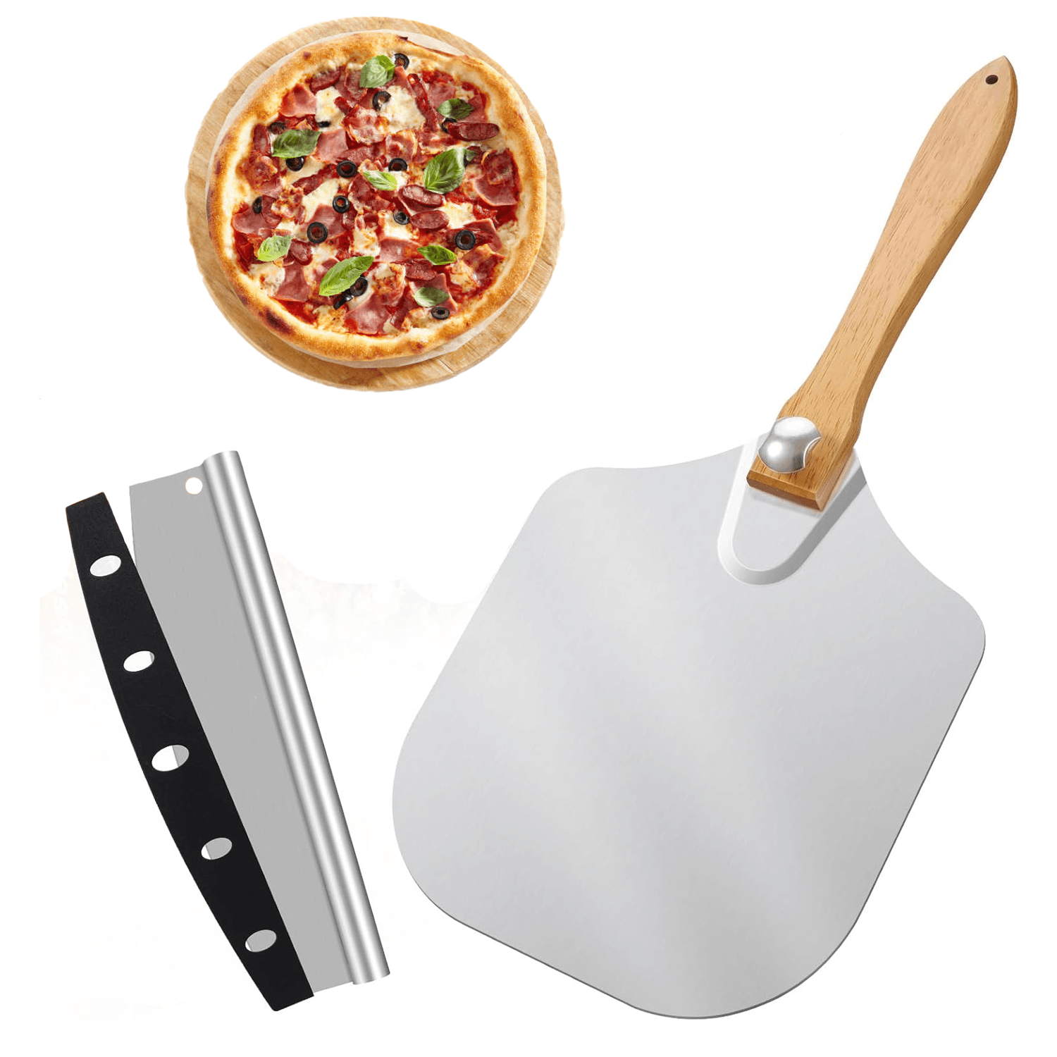 12 Inch Pizza Peel – Aluminium Pizza Peel with Wood Handle Foldable Design Pizza Cutter Cookware - Tophatter Daily Deals
