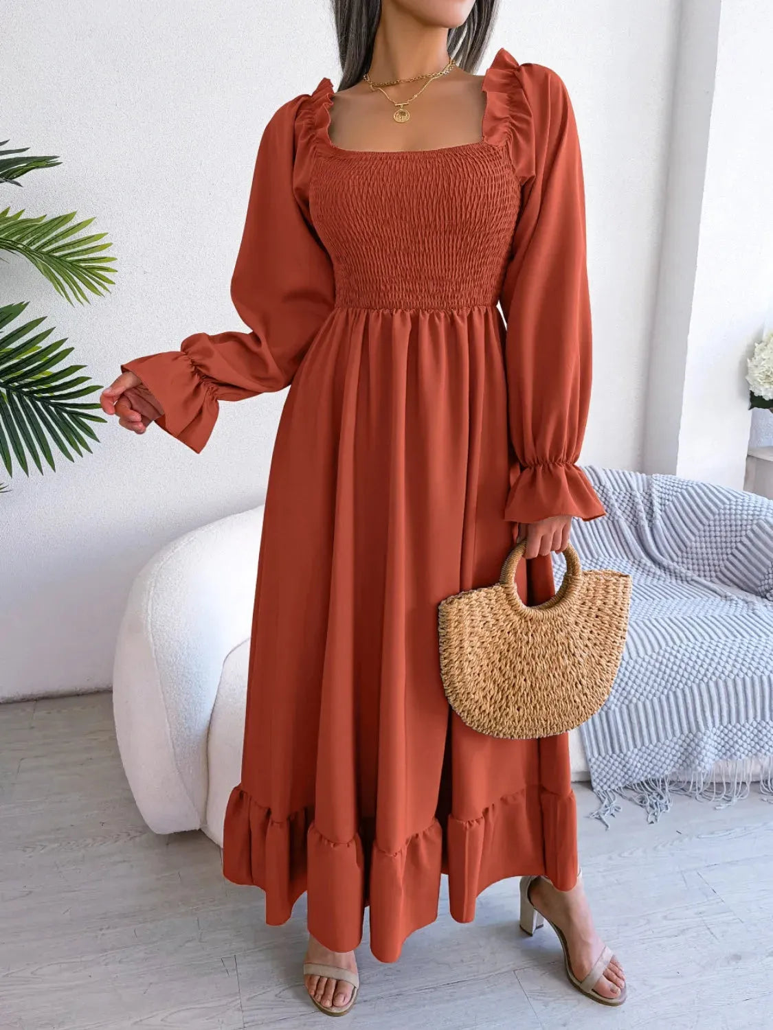 Smocked Square Neck Flounce Sleeve Dress Casual Dresses - Tophatter Daily Deals