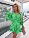 Surplice Ruffle Hem Lantern Sleeve Mini Dress Mid Green Casual Dresses - Tophatter Daily Deals