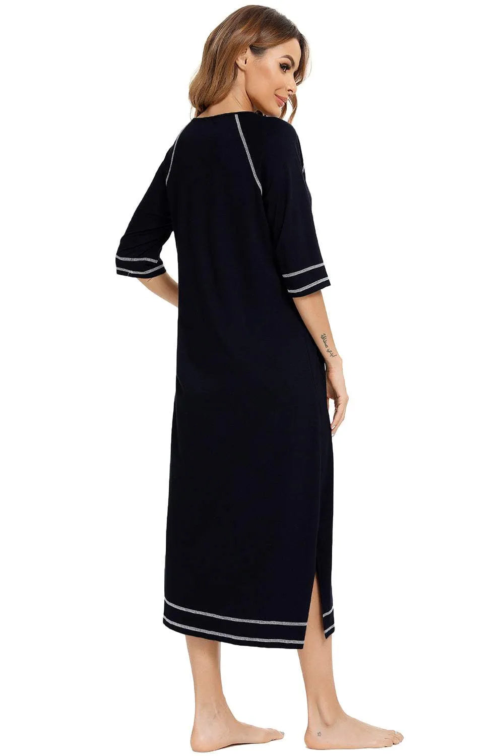 Zip Up Slit Round Neck Night Dress with Pockets Sleep Dresses - Tophatter Daily Deals