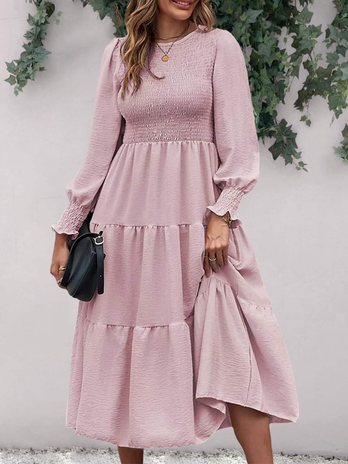 Smocked Round Neck Long Sleeve Midi Dress Casual Dresses - Tophatter Daily Deals