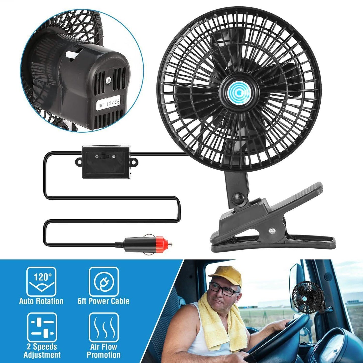 12V Car Fan Oscillating Clip on Cooling Fan with 2 Speeds 120° Rotation Automotive - Tophatter Daily Deals