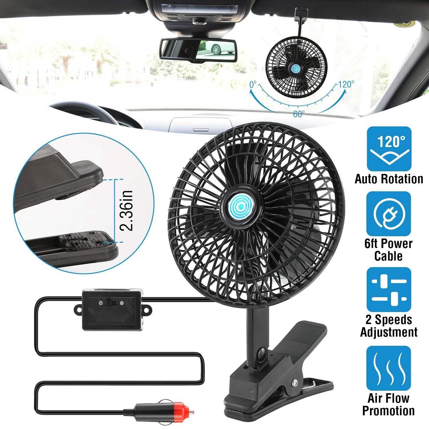 12V Car Fan Oscillating Clip on Cooling Fan with 2 Speeds 120° Rotation Automotive - Tophatter Daily Deals