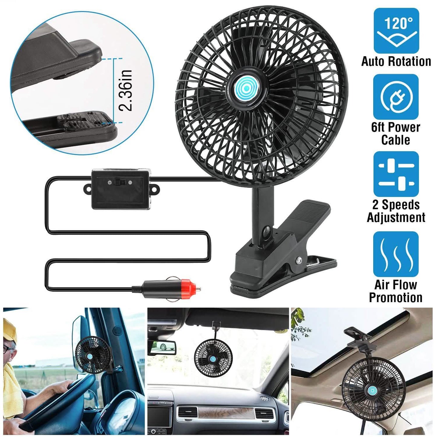 12V Car Fan Oscillating Clip on Cooling Fan with 2 Speeds 120° Rotation Automotive - Tophatter Daily Deals