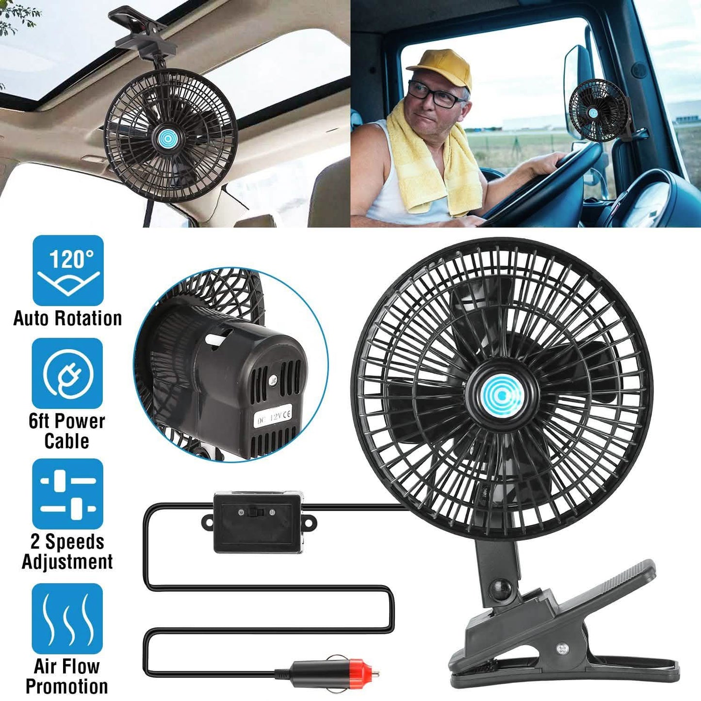 12V Car Fan Oscillating Clip on Cooling Fan with 2 Speeds 120° Rotation Automotive - Tophatter Daily Deals
