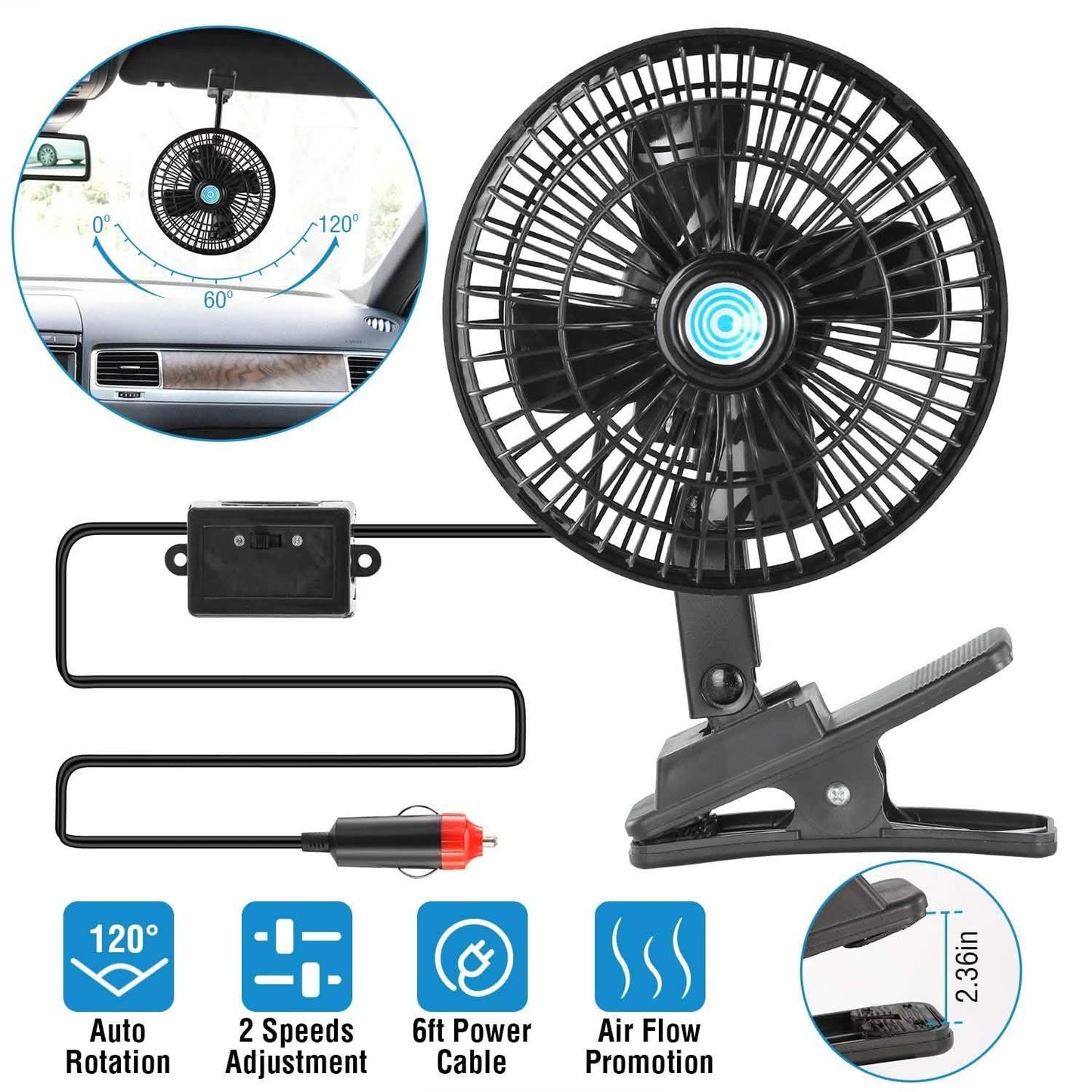 12V Car Fan Oscillating Clip on Cooling Fan with 2 Speeds 120° Rotation Automotive - Tophatter Daily Deals