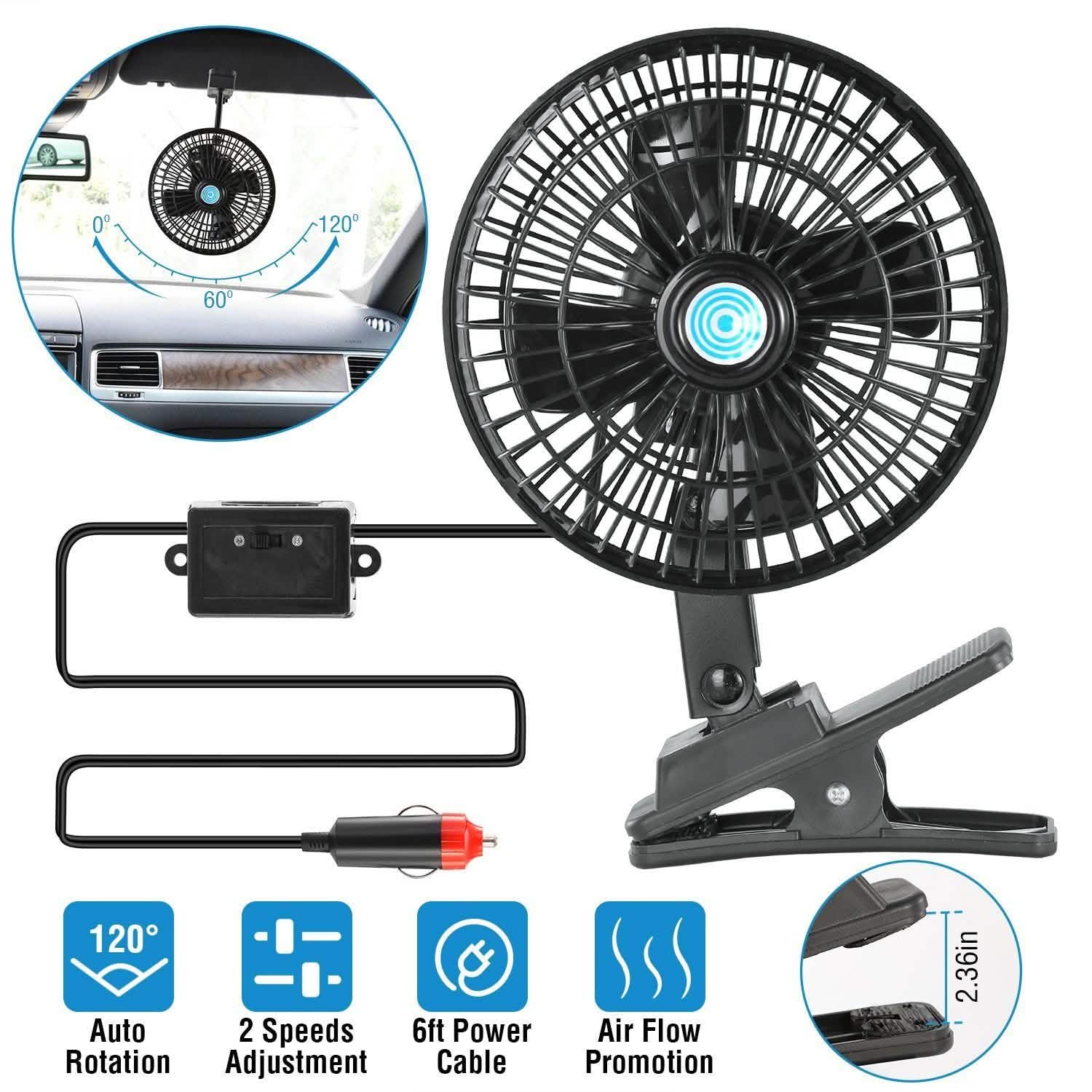 12V Car Fan Oscillating Clip on Cooling Fan with 2 Speeds 120° Rotation Automotive - Tophatter Daily Deals