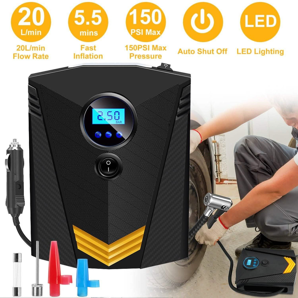12V DC 100W 150PSI Digital Tire Inflator Automotive - Tophatter Daily Deals