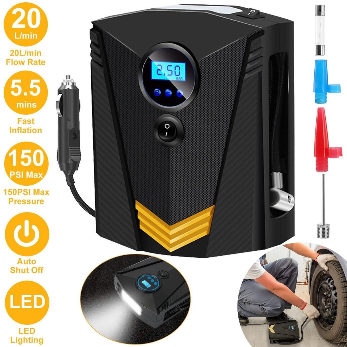 12V DC 100W 150PSI Digital Tire Inflator Automotive - Tophatter Daily Deals