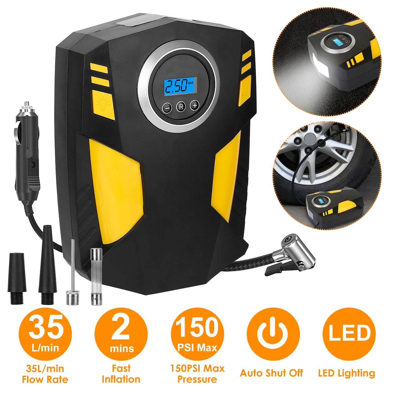 12V Digital Car Air Pump Compressor with LED Light 150 PSI Automotive - Tophatter Daily Deals