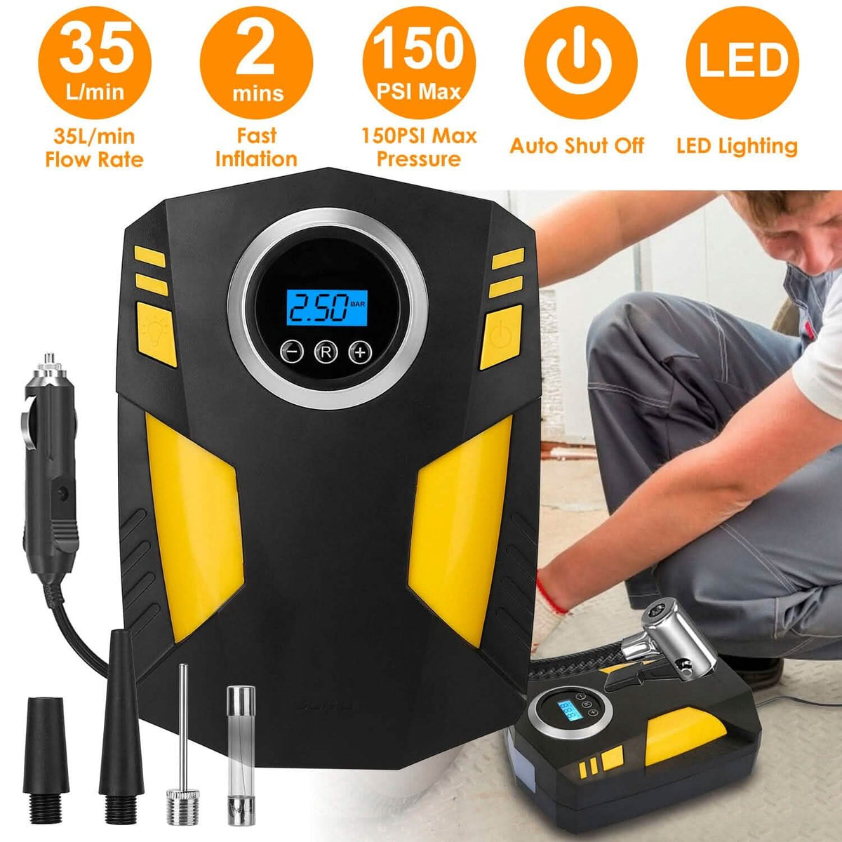 12V Digital Car Air Pump Compressor with LED Light 150 PSI Automotive - Tophatter Daily Deals