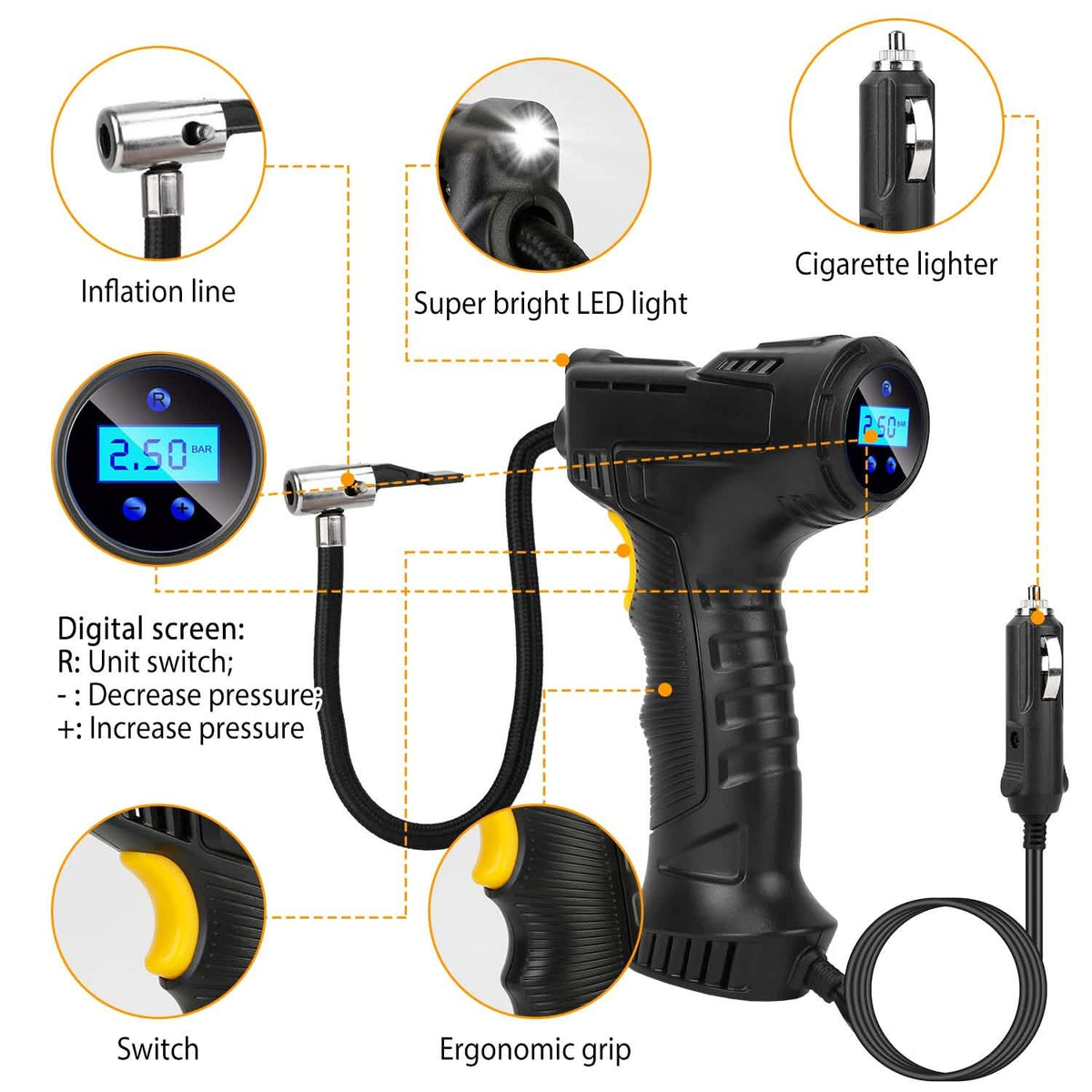 12V Digital Car Tire Inflator with LED Light 150 PSI Automotive - Tophatter Daily Deals