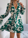 Tied Ruffled Printed Long Sleeve Dress Dark Green Casual Dresses - Tophatter Daily Deals