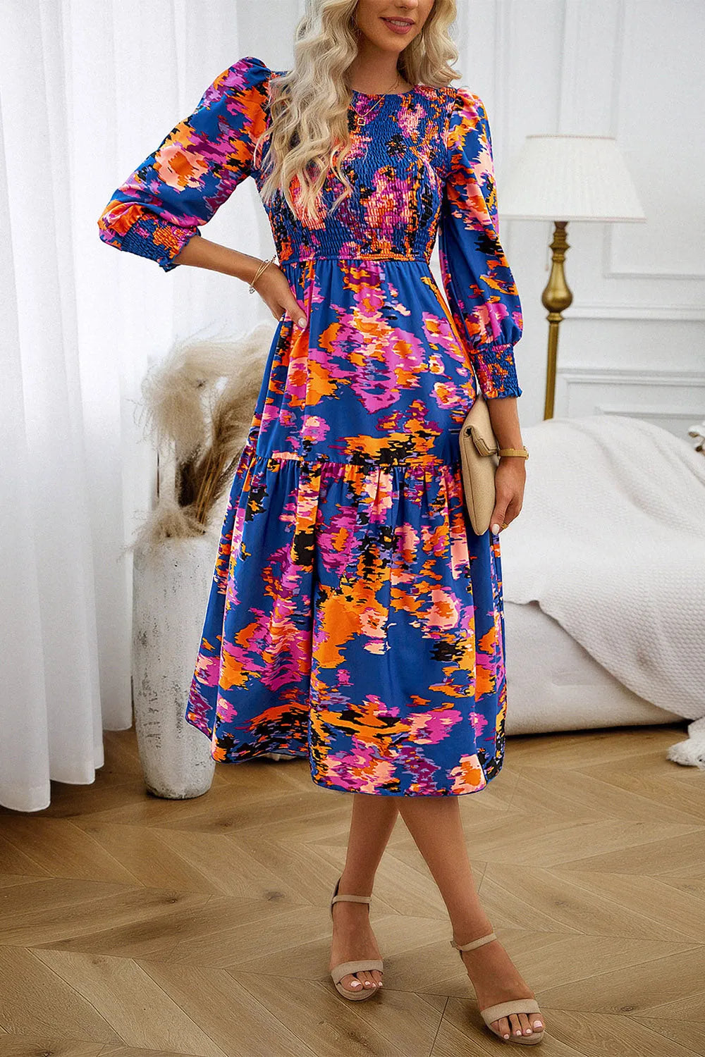 Printed Smocked Lantern Sleeve Ruffled Dress Multicolor Casual Dresses - Tophatter Daily Deals