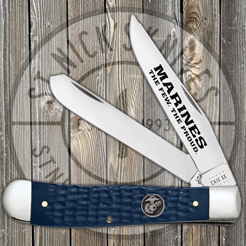 Case Trapper - Jigged Blue Synthetic Handle - Marines USMC - 13195 Traditional Knives - Tophatter Daily Deals