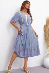 Printed Drawstring Waist Notched Neck Dress Casual Dresses - Tophatter Daily Deals