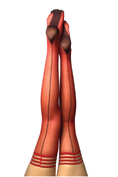 Kixies Monica Sheer Red Thigh-High Stockings Size A with Black Seam and Cuban Heel > Clothes > Hosiery > Stockings - Tophatter Daily Deals