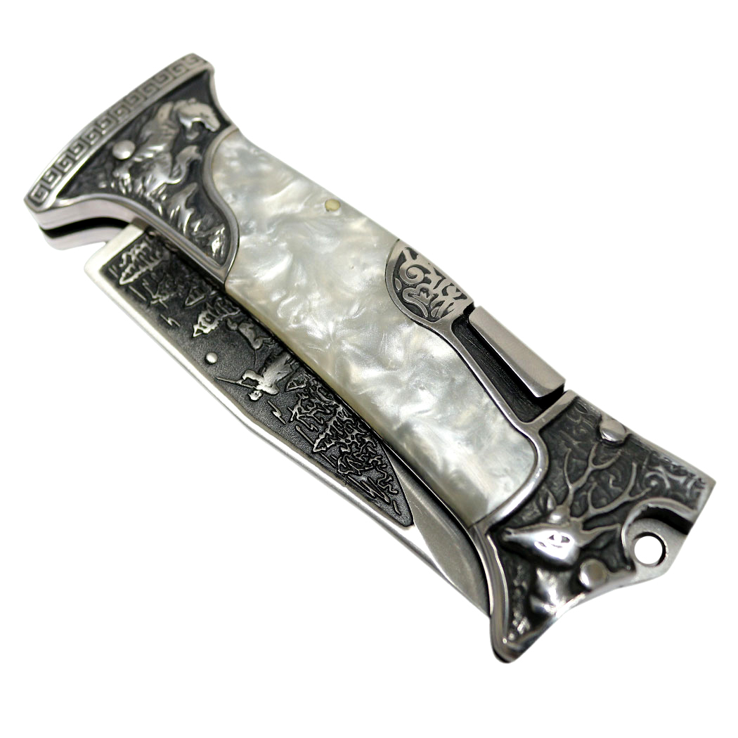 TheBoneEdge 9" Classic Western Folding Knife 3CR13 Stainless Steel Pearl Handle - Tophatter Daily Deals