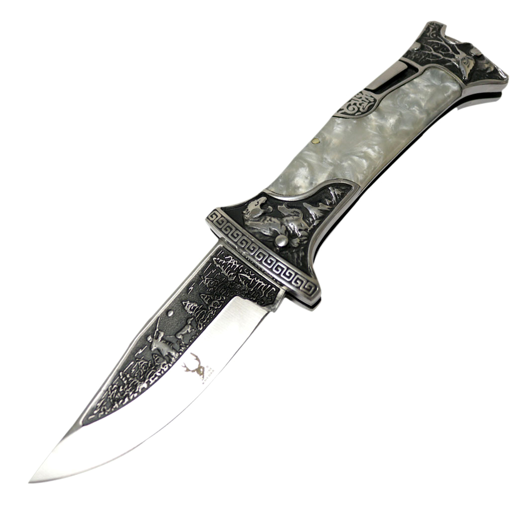 TheBoneEdge 9" Classic Western Folding Knife 3CR13 Stainless Steel Pearl Handle - Tophatter Daily Deals