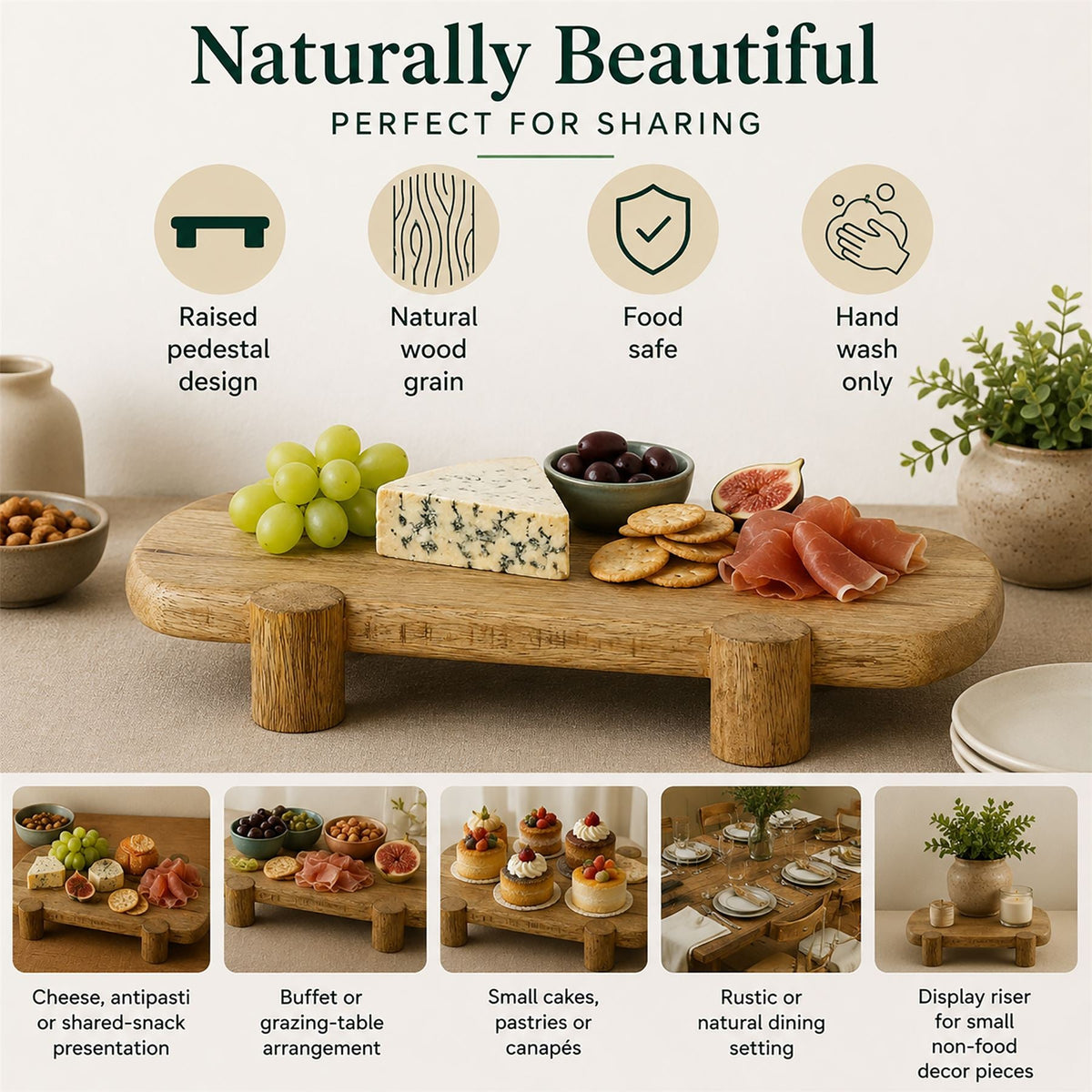 Mango Wood Serving Platter, Natural Raised Cheese Board with Feet 35 x 18 cm Serving Board - Tophatter Daily Deals