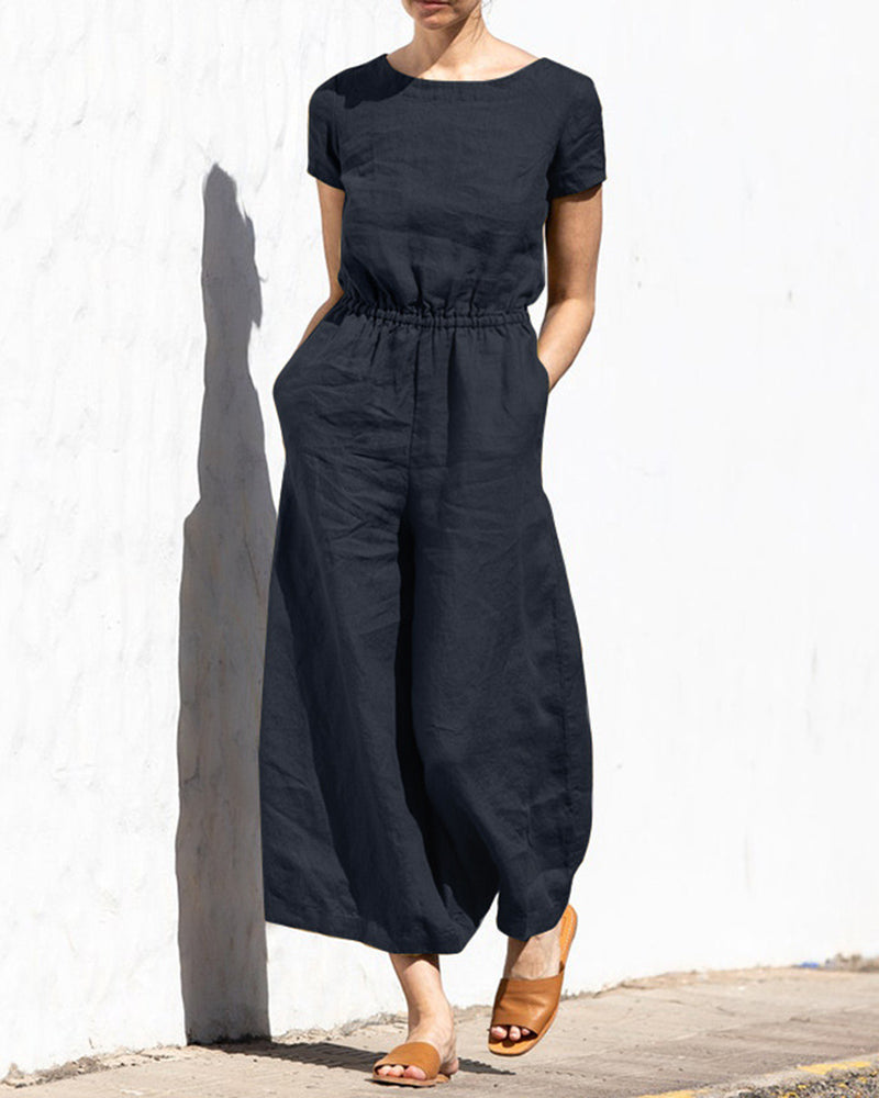 Cotton Linen Wide Leg Jumpsuit Navy blue Jumpsuits & Rompers - Tophatter Daily Deals
