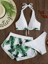 3pcs Leaf Print Bikini With Shorts Fashion Summer Beach Swimsuit Womens Clothing Pattern10 4 - Tophatter Daily Deals