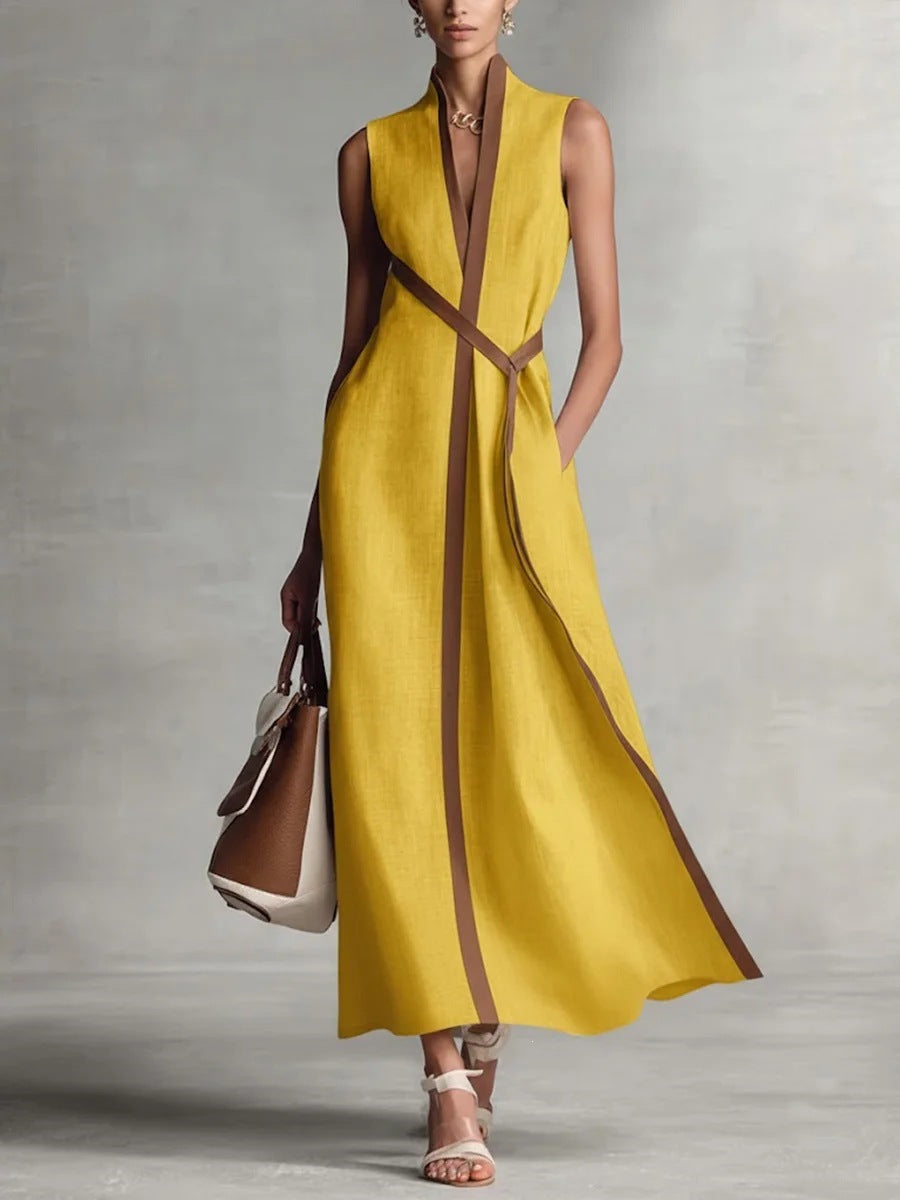 Women's Color Block Sleeveless Stand Collar Linen Blend Dress Yellow XL Women's Dresses - Tophatter Daily Deals