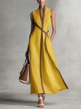 Women's Color Block Sleeveless Stand Collar Linen Blend Dress Yellow XL Women's Dresses - Tophatter Daily Deals
