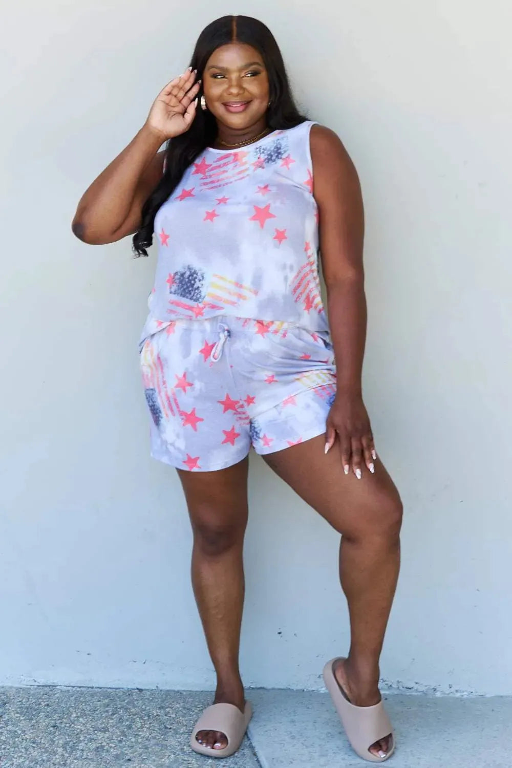 ODDI Full Size Tie-Dye Star Printed Loungewear Set Loungewear Sets - Tophatter Daily Deals