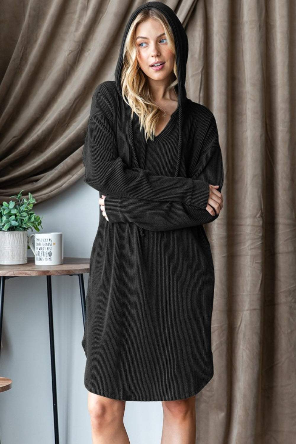 Heimish Ribbed Long Sleeve Hooded Dress Black Casual Dresses - Tophatter Daily Deals