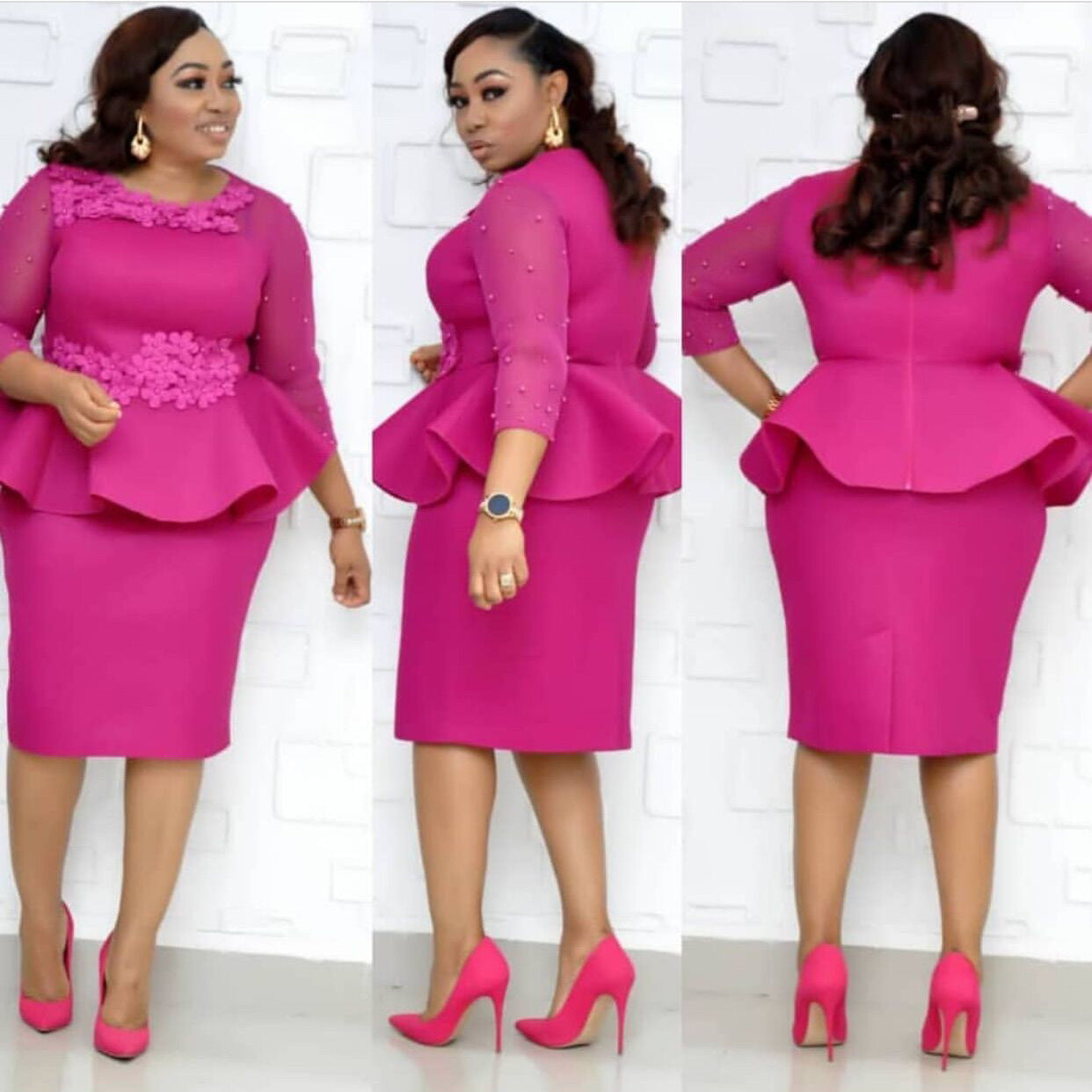 Beaded Sleeve Commuter Plus Size Dress Stitching Pink 0 - Tophatter Daily Deals