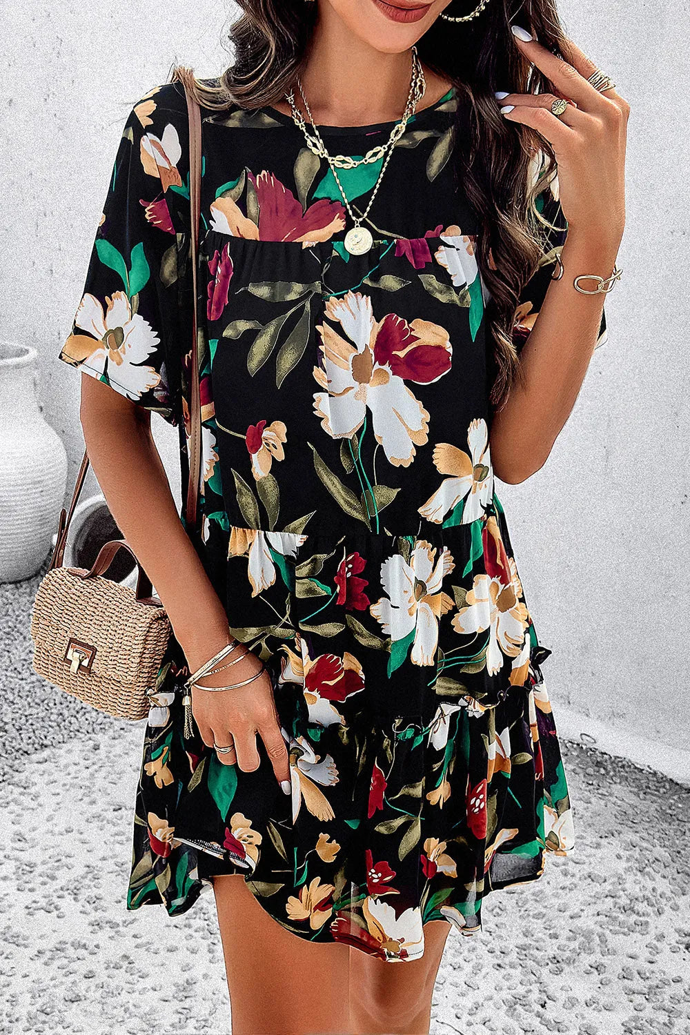 Printed Tiered Round Neck Mini Dress Casual Dresses - Tophatter Daily Deals