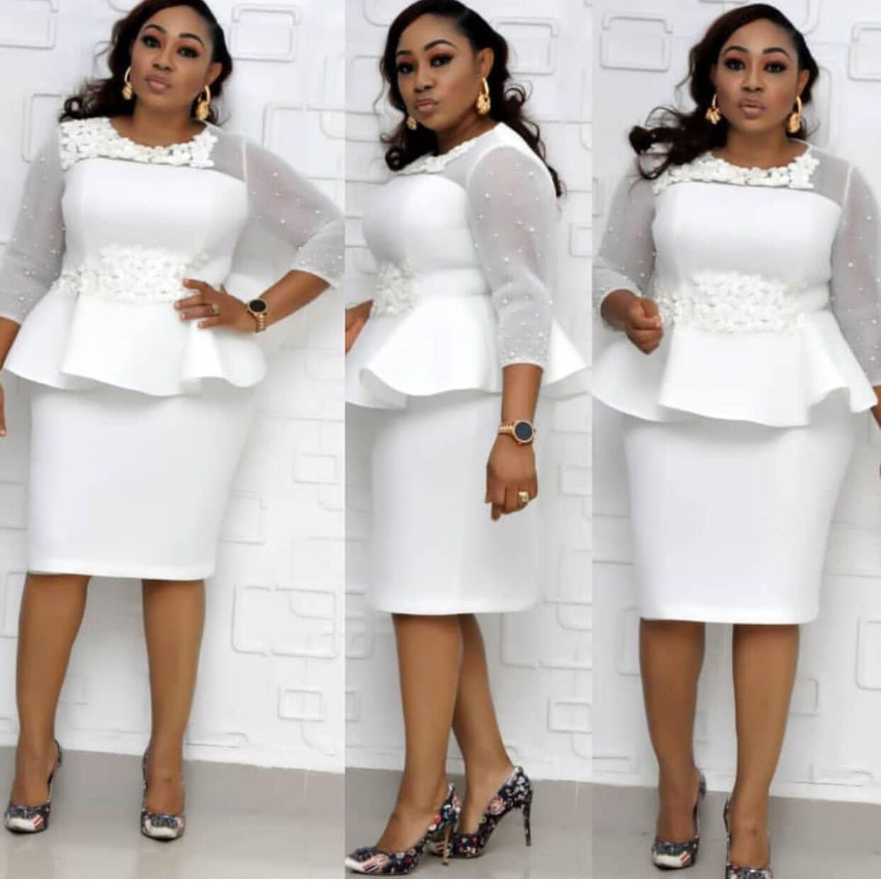 Beaded Sleeve Commuter Plus Size Dress Stitching White 0 - Tophatter Daily Deals