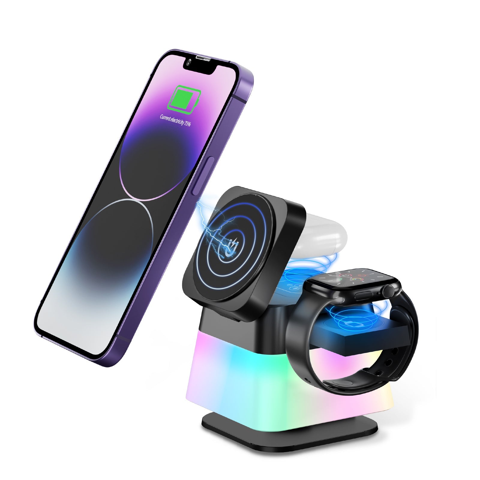 4 In 1 Rotatable Colorful Lighting Wireless Charger Stand For Phone 15 14 13 12 Pro Max 8 7 Holder Magnetic Fast Charging Station Black 0 - Tophatter Daily Deals