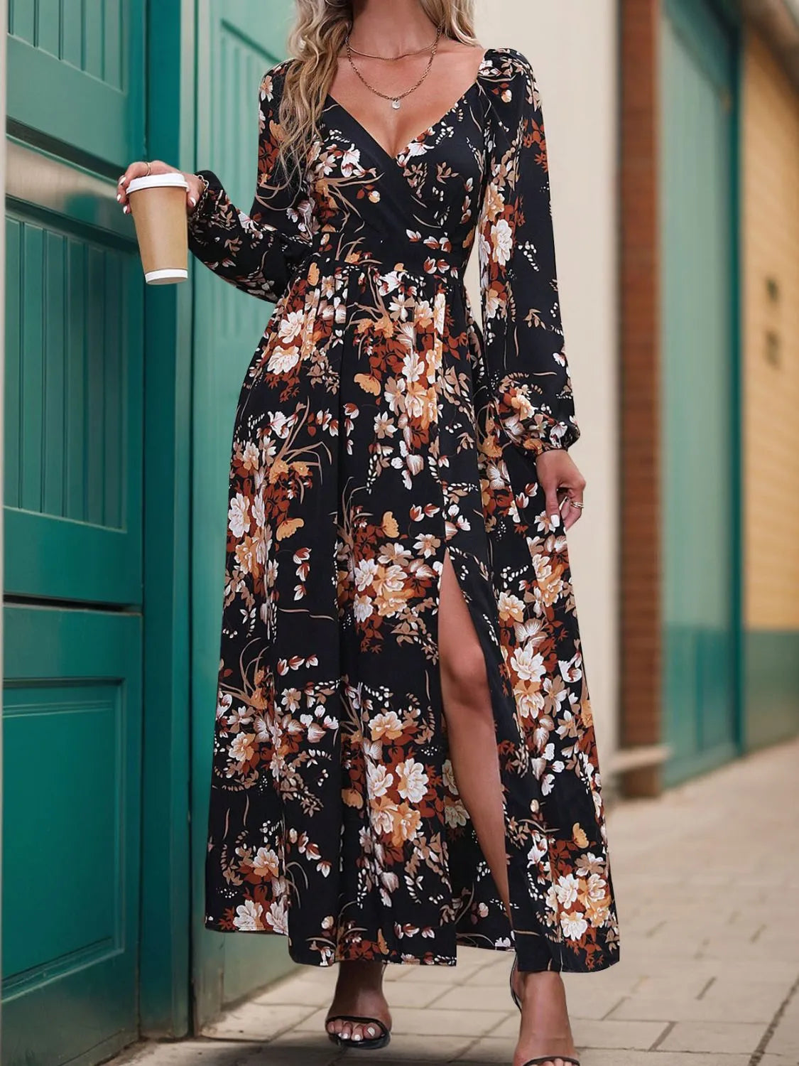 Slit Printed Surplice Long Sleeve Maxi Dress Casual Dresses - Tophatter Daily Deals