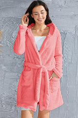 Fuzzy Tied Pocketed Hooded Lounge Nightgown Coral Sleep Dresses - Tophatter Daily Deals