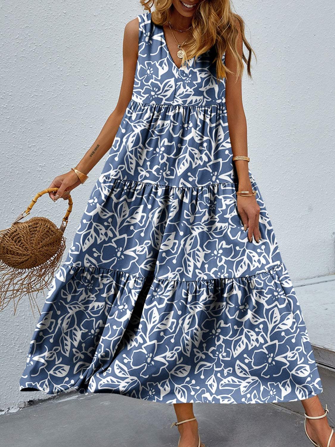 Tiered Printed V-Neck Sleeveless Dress Dusty Blue Casual Dresses - Tophatter Daily Deals